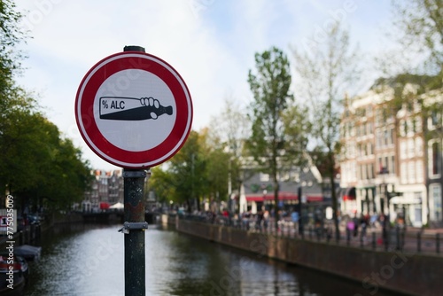 Photography Closeup of drinking alcohol prohibited sign in the street in Amsterdam