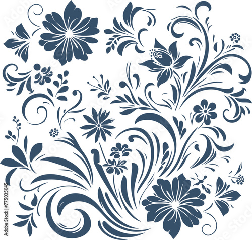 beautiful flowers and curls of leaves in monochrome vector illustration