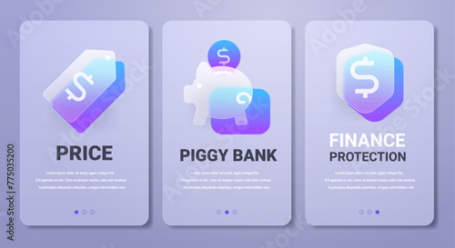 Finance protection mobile app pages in glassmorphism style. Vertical piggy bank and price banners set.