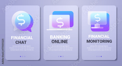 Banking online mobile app pages in glassmorphism style. Vertical financial chat and monitoring banners set.