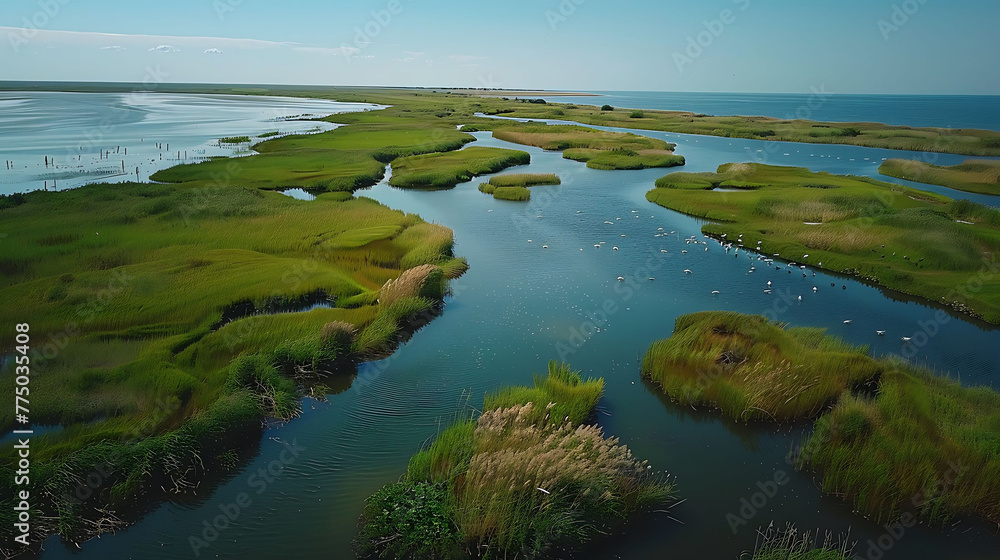 An aerial view of a coastal salt marsh teeming with birdlife