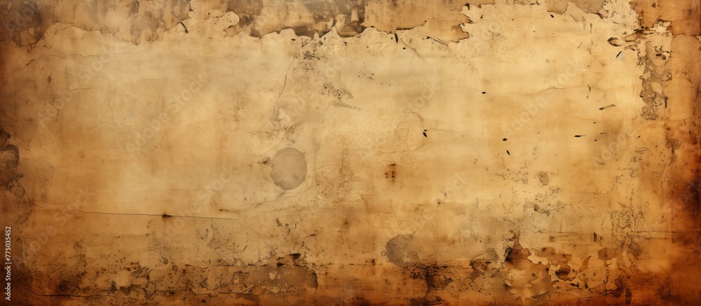 An up-close view of a worn-out wall displaying a weathered and rusty surface with a vintage clock hanging on it