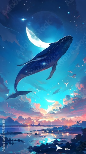 Mystical Whale Soaring Above Moonlit Oceanic Landscape
