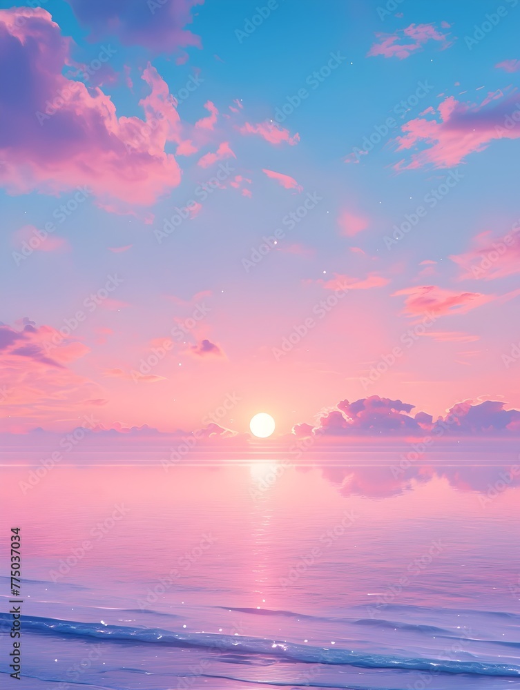 Serene Sunset Over Tranquil Pastel Sea Vintage Sci Fi Inspired Aerial Seascape Horizon