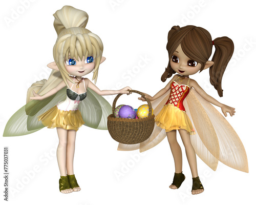 Cute Toon Spring Fairies with Easter Egg Basket, 3d digitally rendered fantasy illustration