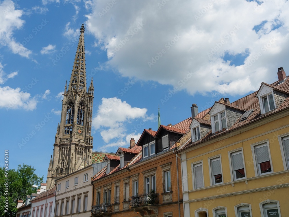 View of buildings, the Gedachtniskirche in the background, in Speyer, Rhineland-Palatinate, Germany
