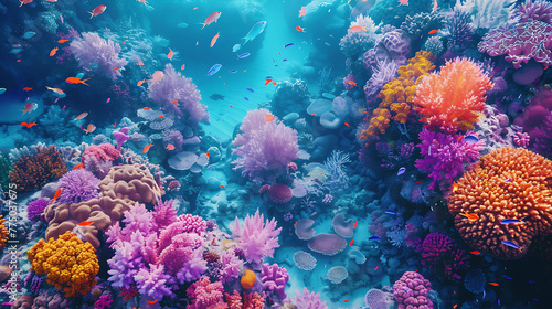 An aerial view of a colorful coral reef bustling with © Be Naturally