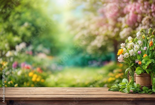 Wooden table with spring flowers in pot on blurred garden background. © Юлия Васильева