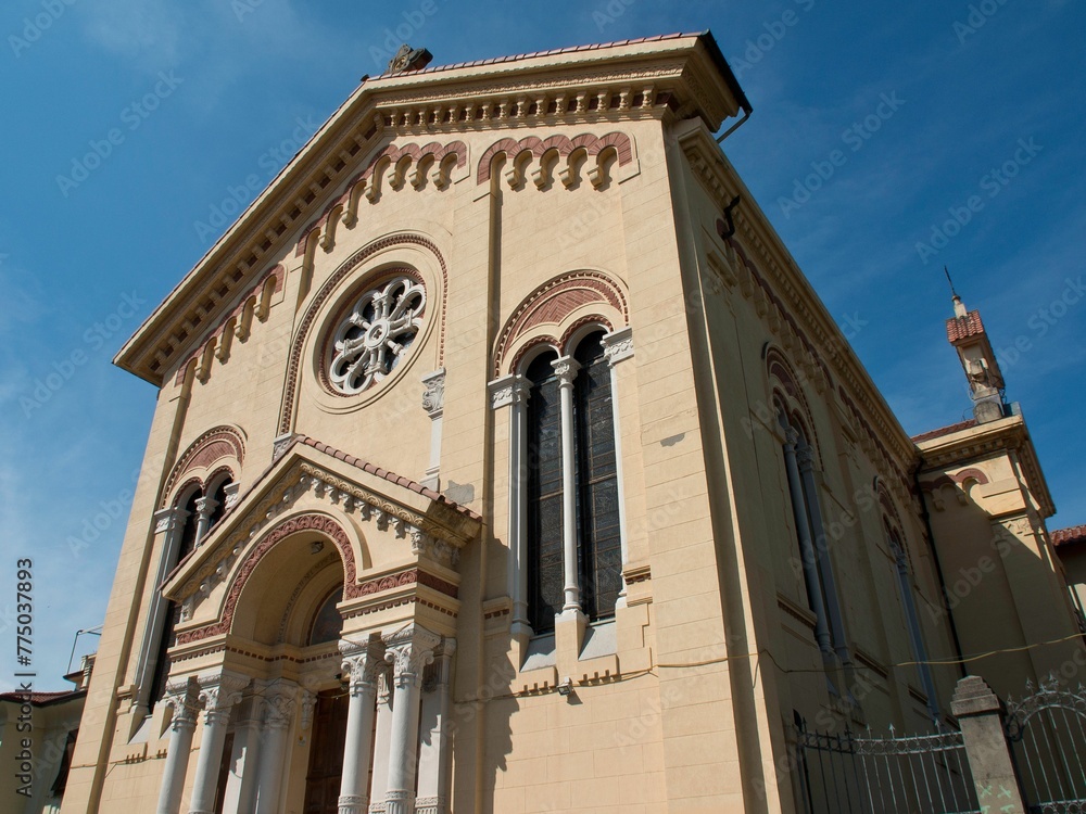 Exterior design of La Spezia church, the sacred heart of Jesus against blue sky