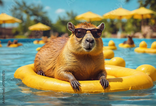 Cute Capybara in sunglasses relaxing in swimming pool at tropical resort photo