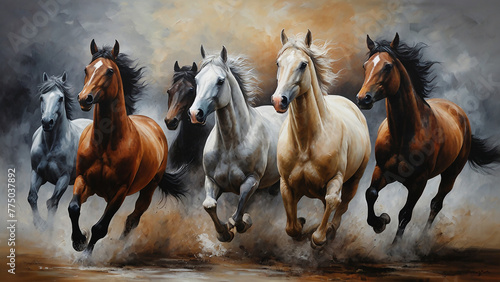 Horses run gallop in the water. Digital painting of horses photo