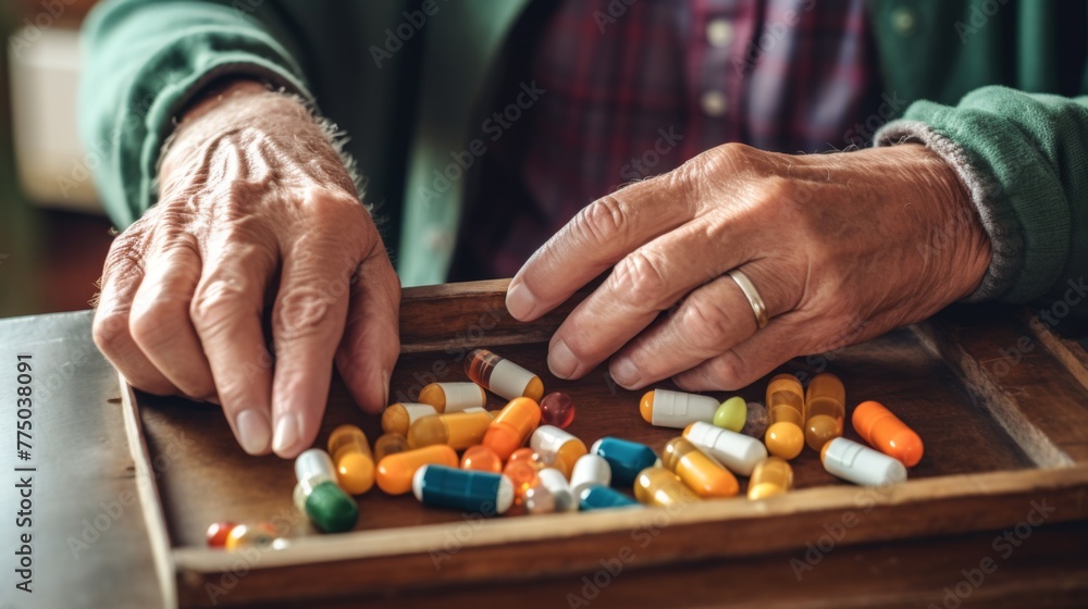 Elderly Person Sorting Medications - obrazy, fototapety, plakaty 