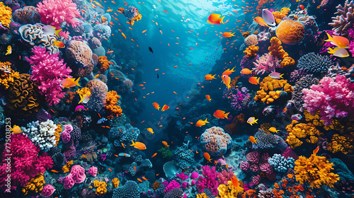 An aerial view of a colorful coral reef teeming with marine life © Be Naturally
