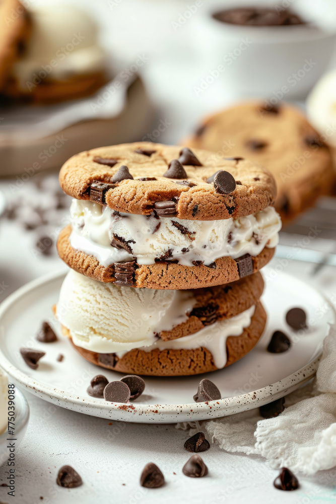 Chocolate Chip Cookie Ice Cream Sandwich. A delicious ice cream sandwich made with chocolate chip cookies and vanilla ice cream, perfect for a sweet treat. Chocolate Chip Cookie Ice Cream Sandwich. A delicious ice cream sandwich made with chocolate chip cookies and vanilla ice cream, perfect for a sweet treat.