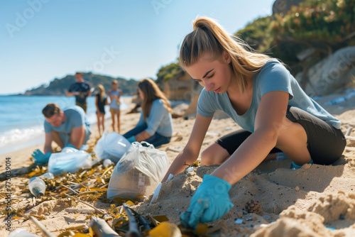 A woman is picking up trash on the beach with other people
