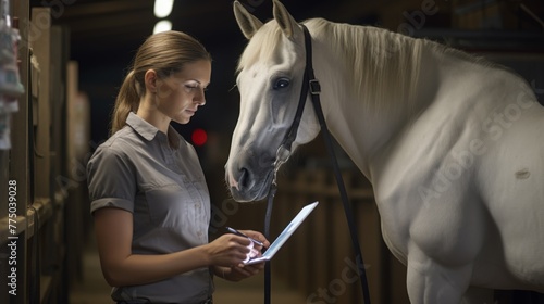 Woman Using Tablet in Stable