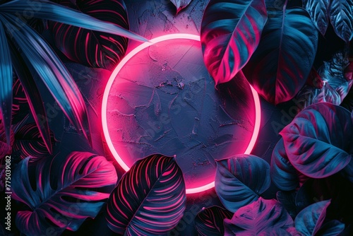 Light sky-blue and dark turquoise hues dance within a glowing pink neon frame, adorned with tropical leaves in a circular composition. Digitally manipulated to evoke a light-filled junglepunk dreamsca