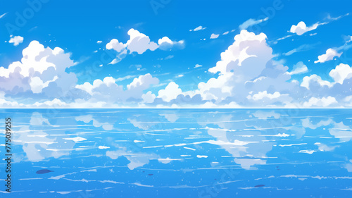 Cartoon lake scenery illustration under blue sky 