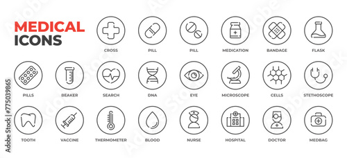 Medical icons set in thin line style. Line art minimal icons: pills and bondage, nurse and doctor, heart and DNA