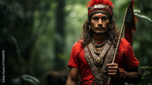 Portrait of a Handsome Male Warrior posing with a spear in a dense green Forest. photo