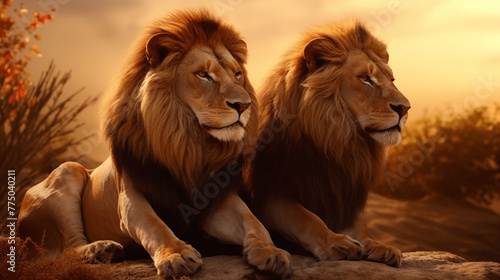 Stunning African Lion Couple: Pair of Wildlife Predators in Their Natural Pride © hamad