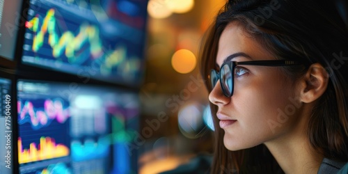 Female journalist looking at quantitative data on a computer screen in a newsroom. © kardaska