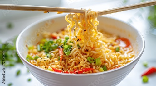 Cooked instant noodles sprinkled with spices, vegetables, herbs.
