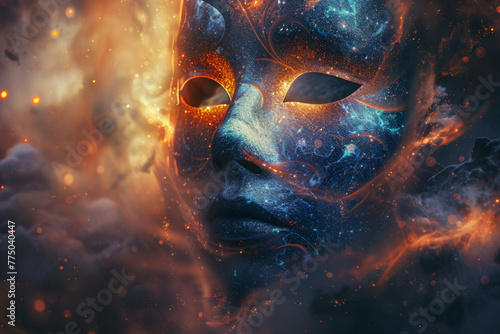 Create an AI composition featuring an abstract mask inspired by the cosmos, with swirling patterns and celestial motifs representing the mysteries of the universe
