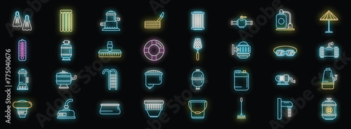Equipment for pool icons set outline vector. Clean skimmer. Brush broom neon color on black
