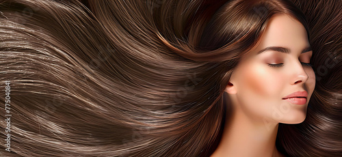 Portrait of beautiful young woman with long brown hair background.Haircare concept.