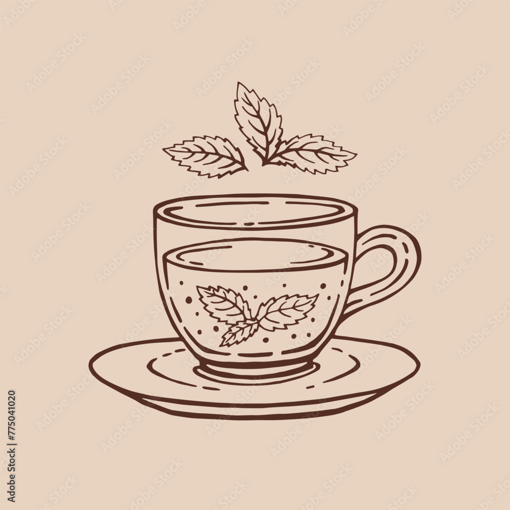 Glass cup tea, mint leaves. Hand drawn vector illustration in outline style. Glass cup tea, mint leaves. Hand drawn vector illustration in outline style.