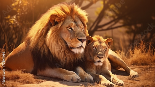 Stunning African Lion Couple  Pair of Wildlife Predators in Their Natural Pride