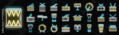 Drum icons set outline vector. Instrument music. Bongo bass neon color on black