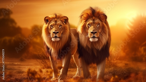 Majestic African Lion Couple: Pair of Predatory Wildlife in Their Natural Pride