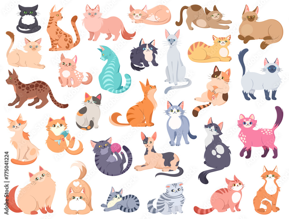Cartoon cat characters collection. Different cat`s poses emotions set