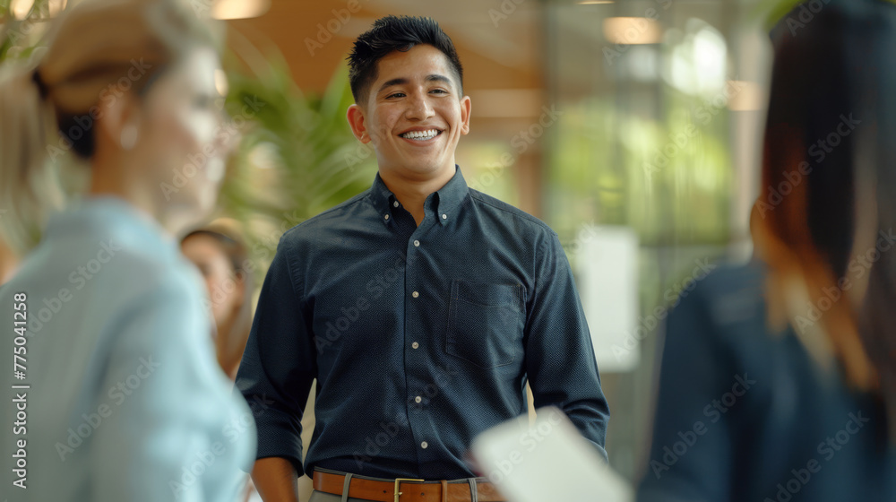 Fototapeta premium A contented man in casual office attire holding a laptop stands amidst colleagues.