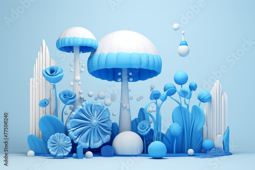 3D Abstract Blue Mushroom Plant Nature Scene