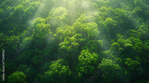 An aerial view of a dense forest canopy with sunlight filtering through the trees