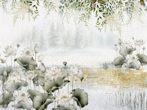 Beautiful lake with lotus flowers - wallpapre mural with gold
