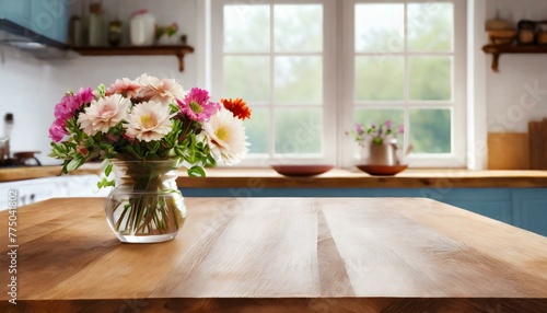 bouquet of flowers, Close-up an empty wooden table with kitchen, a wooden table adorned with vibrant flowers, windows that provide a scenic view