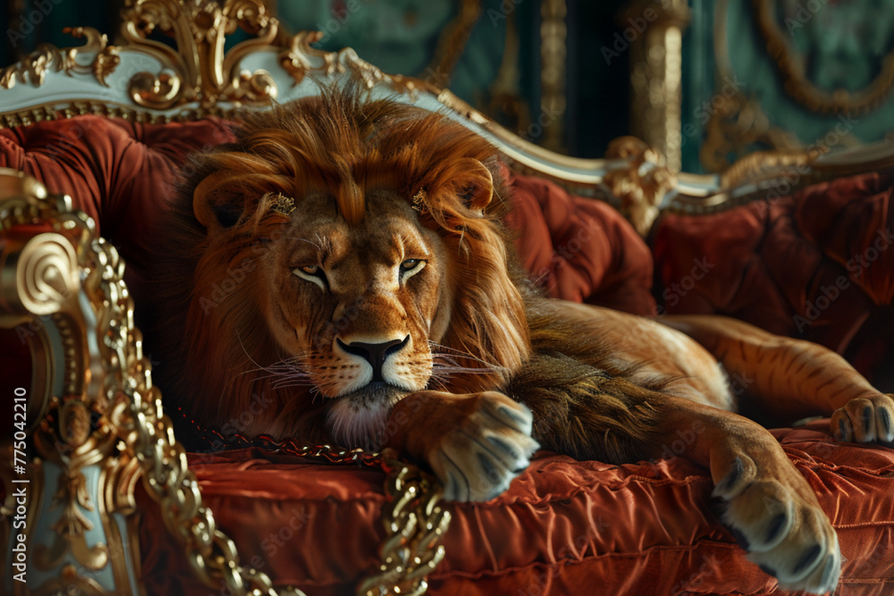 Create an AI image of an abstract, ferocious lion lounging lazily on a luxurious velvet sofa, adorned with golden chains and surrounded by extravagant decorations fit for royalty