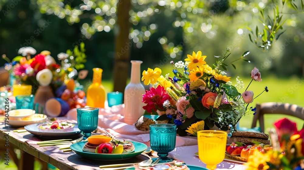 Festive Outdoor Party Table with Colorful and Natural Green Backdrop