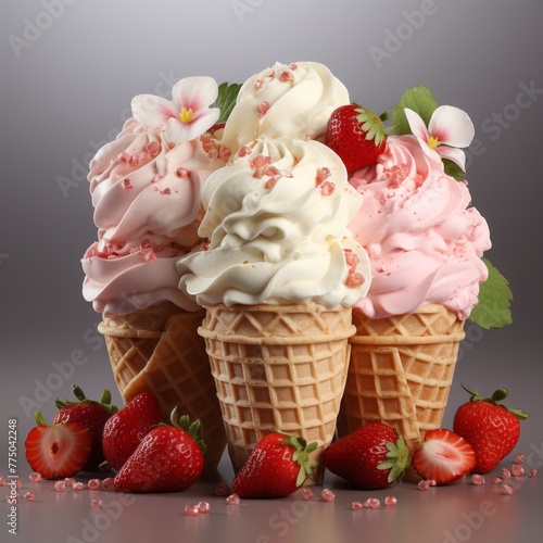 Sweet Dessert  3D Rendering of Vanilla Ice Cream and Fresh Strawberries in a Wafer Cup 