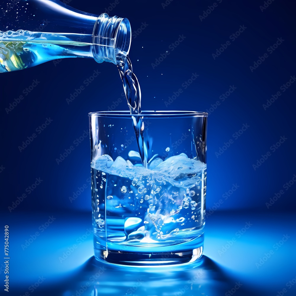 A glass of crystal clear clear water with splashes on a blue background.. A glass of crystal clear clear water with splashes on a blue background..