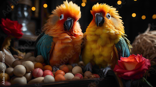 A pair of cheerful canaries enjoying a playful moment in their cozy cage, surrounded by vibrant toys.