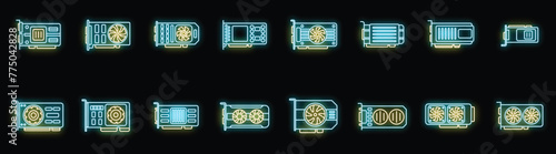 GPU graphic card icons set outline vector. Hard ware. Board capacitor neon color on black