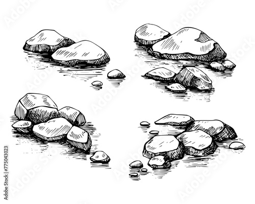 Stones vector sketch. Hand drawn illustration with painted by black inks on isolated background. Engraving nature. Monochrome drawing natural stack of rocks in line art and doodle style