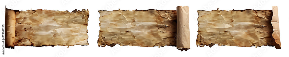 Set of old vintage blank paper scroll and parchment texture isolated on remove background, generative ai