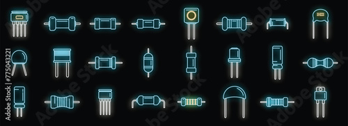 Resistor icons set outline vector. Capacitor chip. Battery board neon color on black