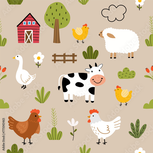 Seamless pattern with animals  farm and flowers for your fabric, children textile, kids apparel, nursery decoration, gift wrap paper. Vector illustration